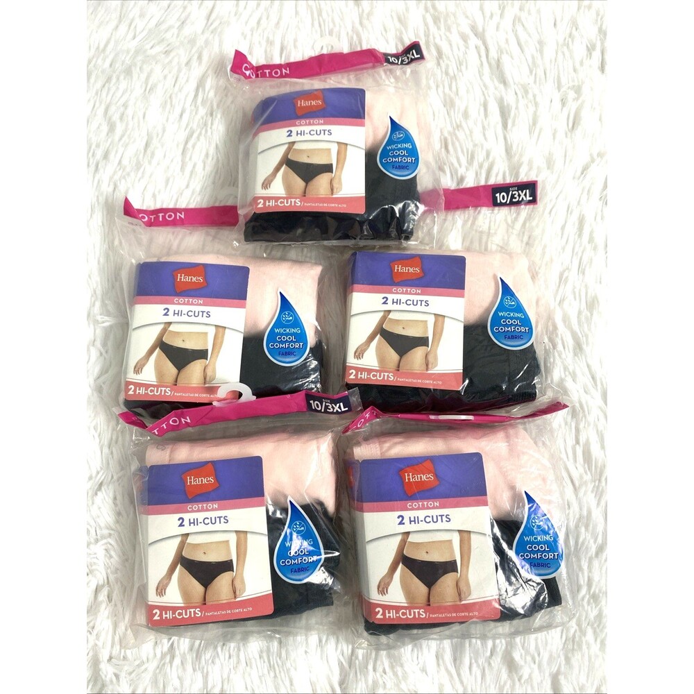 10 Hanes Hi Cut Panties Plus Size 3XL 5 Packs Pink Black Cool Comfort Cotton